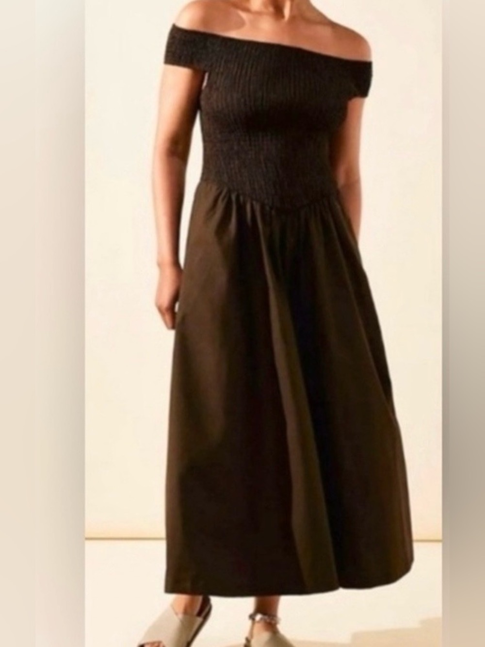 Free people S crci off the shoulder, smocked, chocolate brown Dress midi dress.